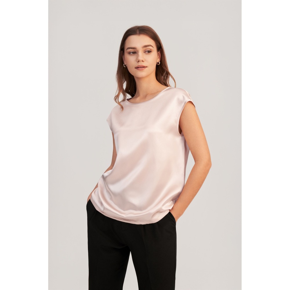 Lilysilk Basic Cap Sleeves Silk Tee 100% Mulberry Silk Pale Pink Top Small NWT